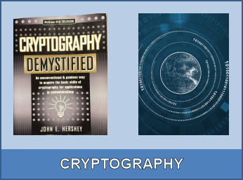Cryptography services with cover of Hershey's book Cryptography Demystified and world globe surrounded by digital cipher 