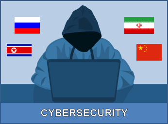 Cybersecurity against Hacker & flags of cyber attacking nations - Russia, China, North Korea & Iran