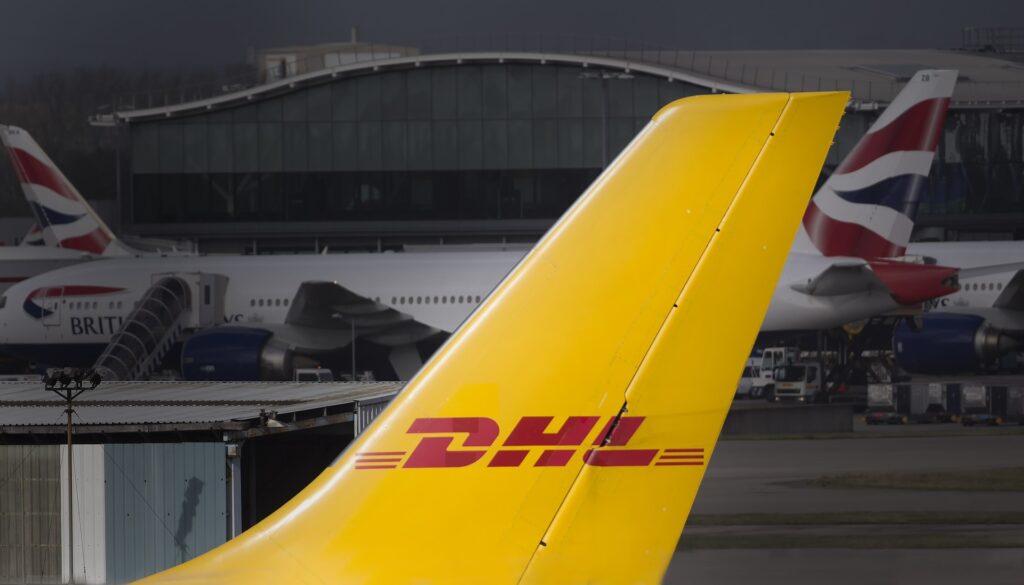 DHL aircraft tail with logo since they are a major worldwide export carrier