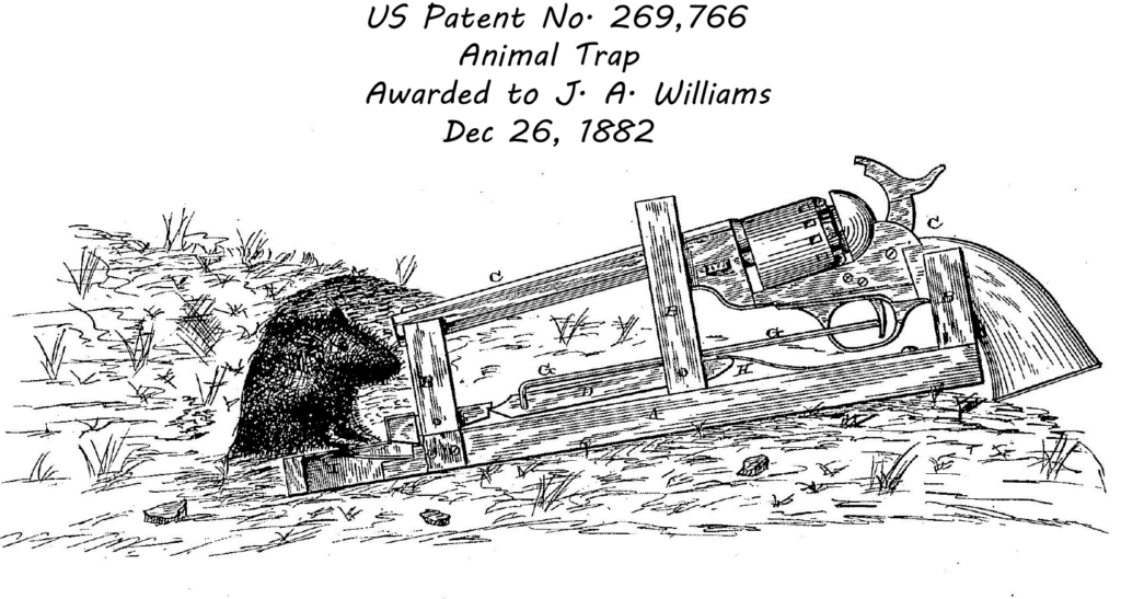 Non-useful animal trap patent showing mouse triggering a revolver after taking bait